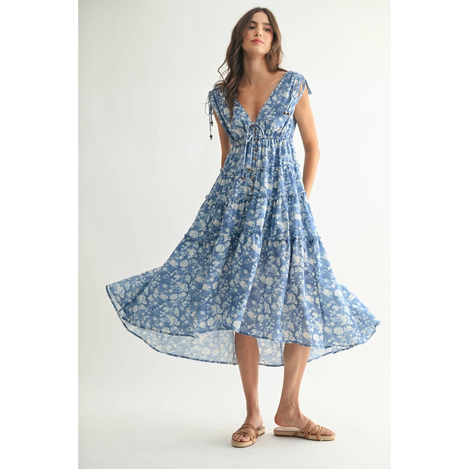 Blue Floral Midi Dress Front View