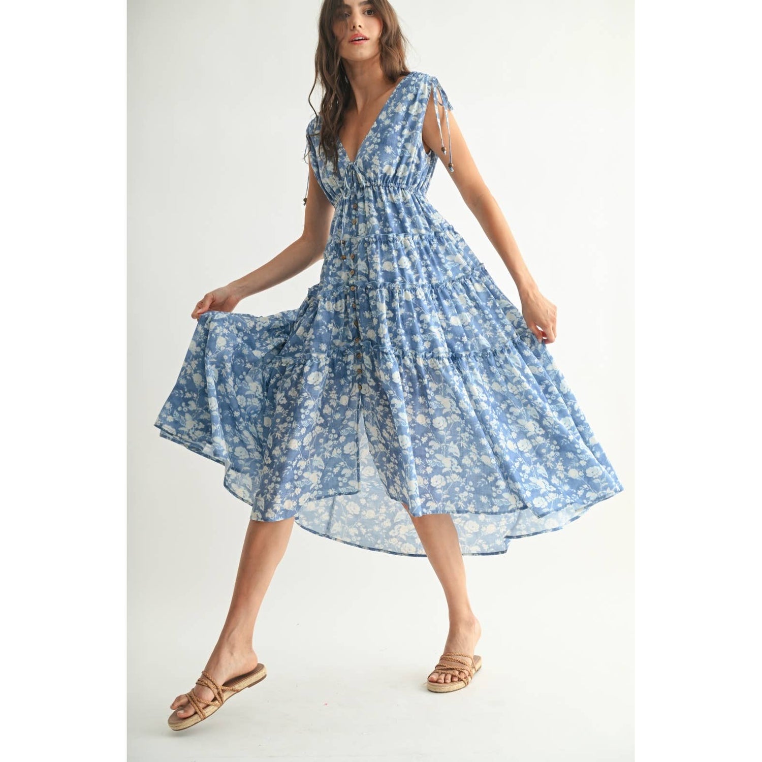 Blue Floral Midi Dress showcasing flared skirt