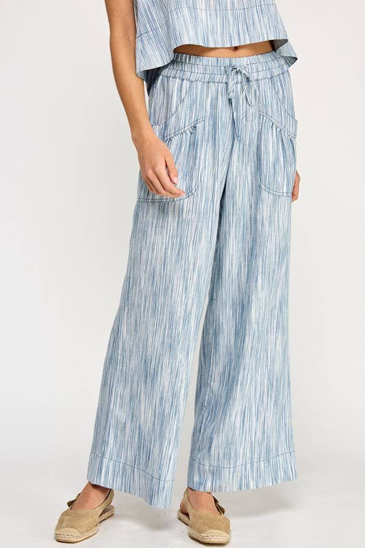 Blue High Waist Wide Leg Pants with elasticised waist and pockets