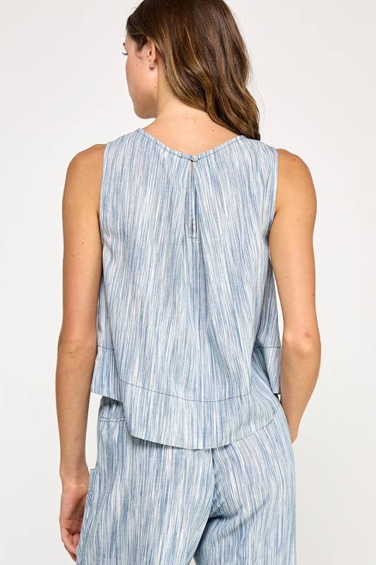 Blue Linen Scoop Neck Tank rear view