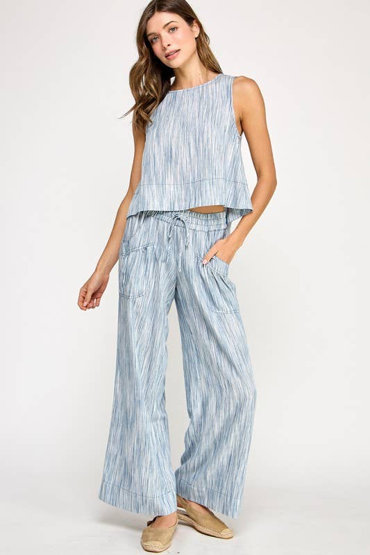 Blue Linen Scoop Neck Tank featuring textured pattern