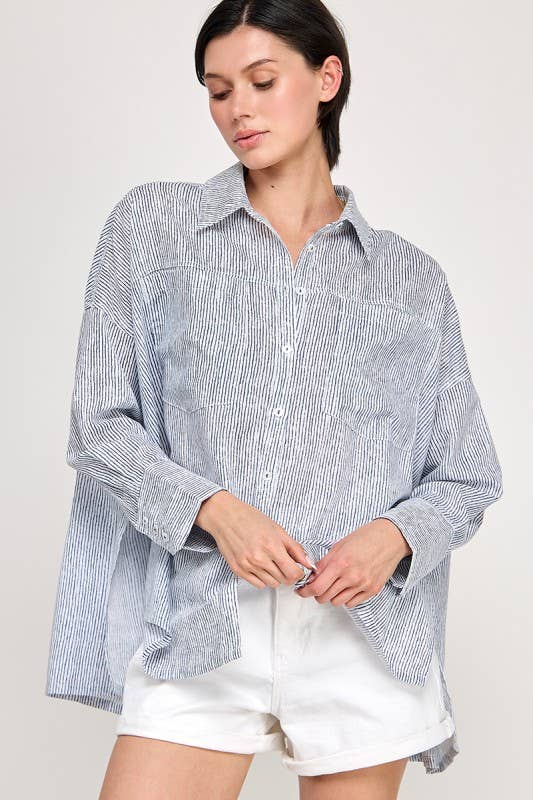 Blue/White Oversize Pocket Detail Striped Shirt
