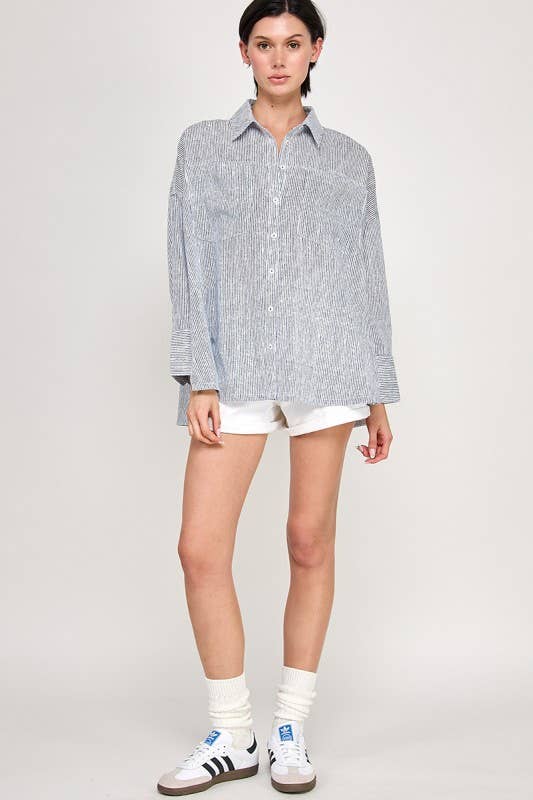 Blue/White Oversize Pocket Detail Striped Shirt perfect for casual wear