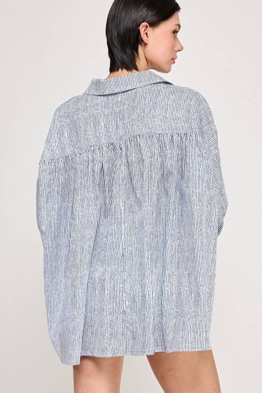 Blue/White Oversize Pocket Detail Striped Shirt Rear View