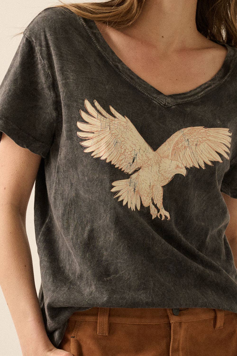 Charcoal Flying Eagle V-Neck Vintage-Wash Graphic Tee close up of eagle motif