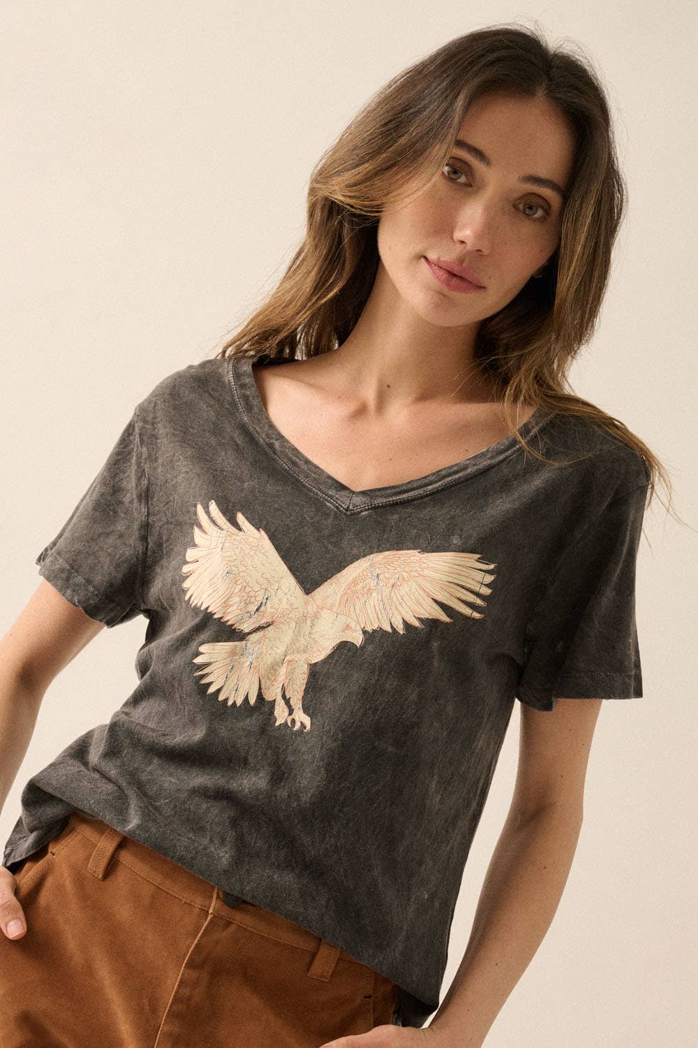 Close-up front view of Kaelen Graphic Tee highlighting mineral-washed cotton fabric and bold vintage eagle graphic