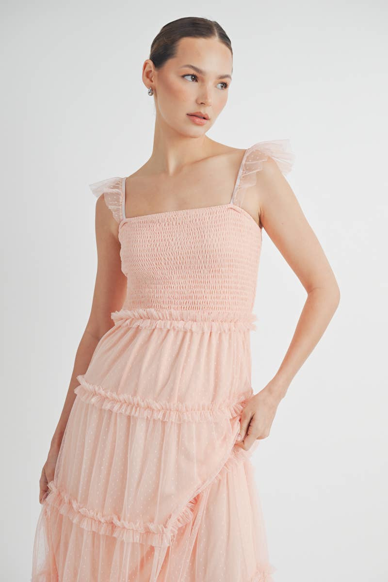 Clovette Maxi Dress Close-up of blush pink dotted mesh overlay and ruched detail