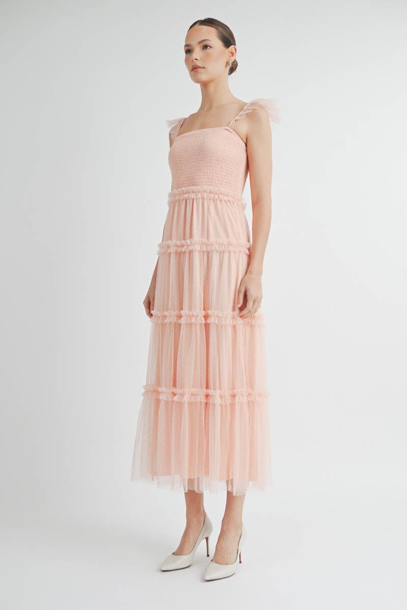 Clovette Maxi Dress Side view showing tie-shoulder straps and feminine flowing silhouette