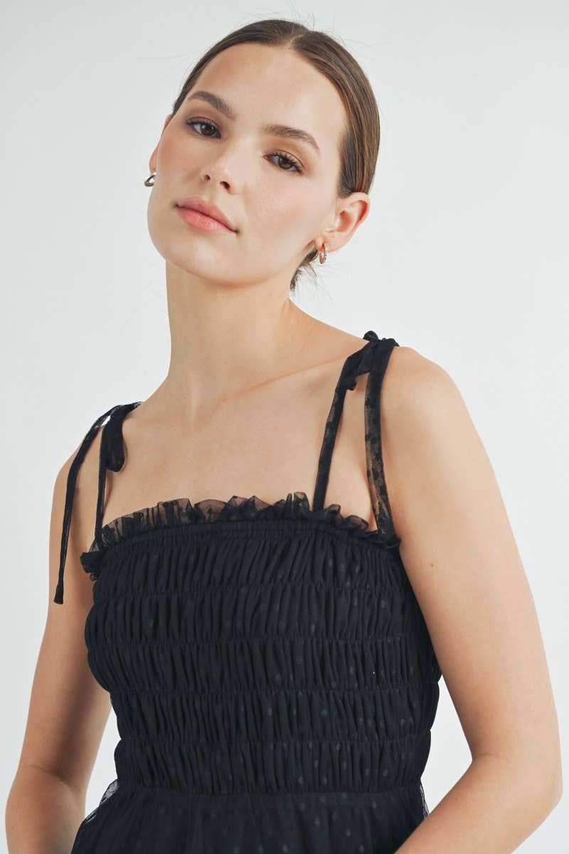 Colvette Midi dress Close-up of dotted mesh texture and ruched smocking detail in black 