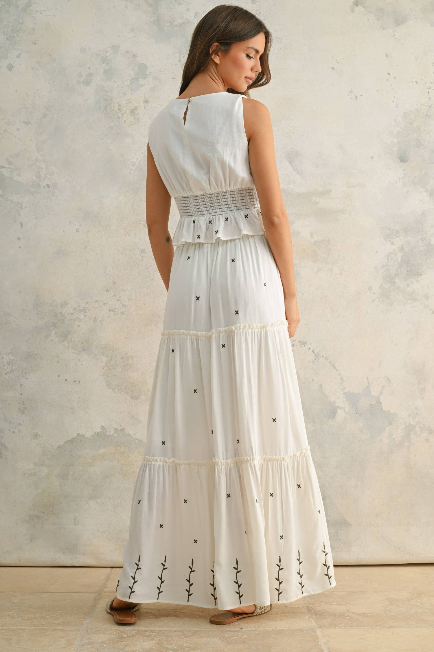 Cream Embroidered Tiered Skirt Rear View