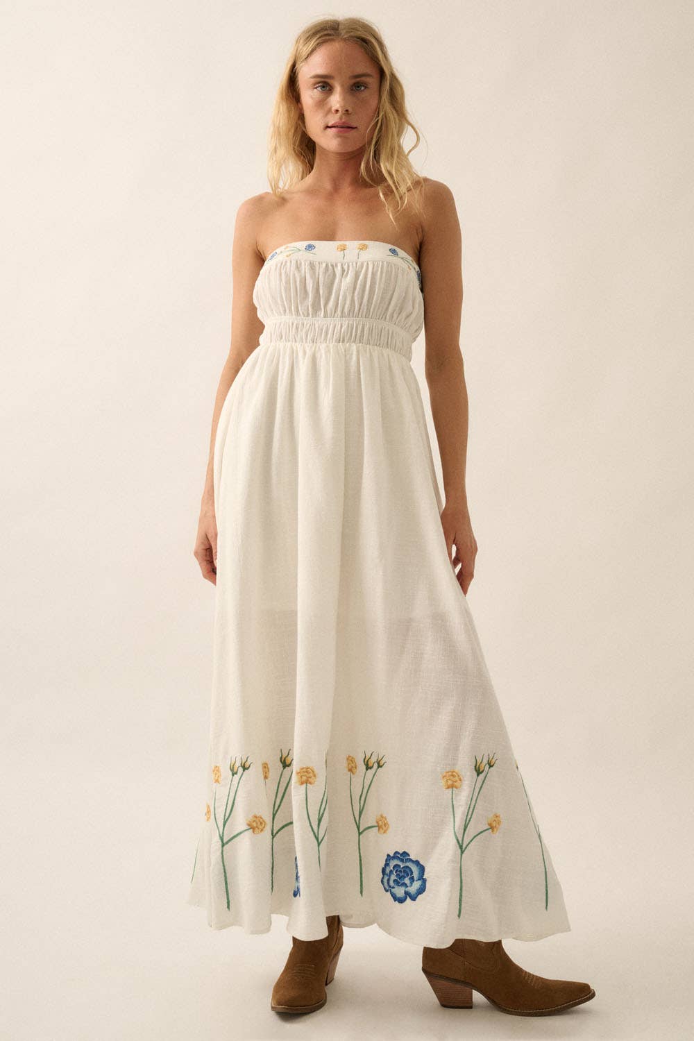 Cream Floral Embroidered Gathered Strapless Maxi Dress