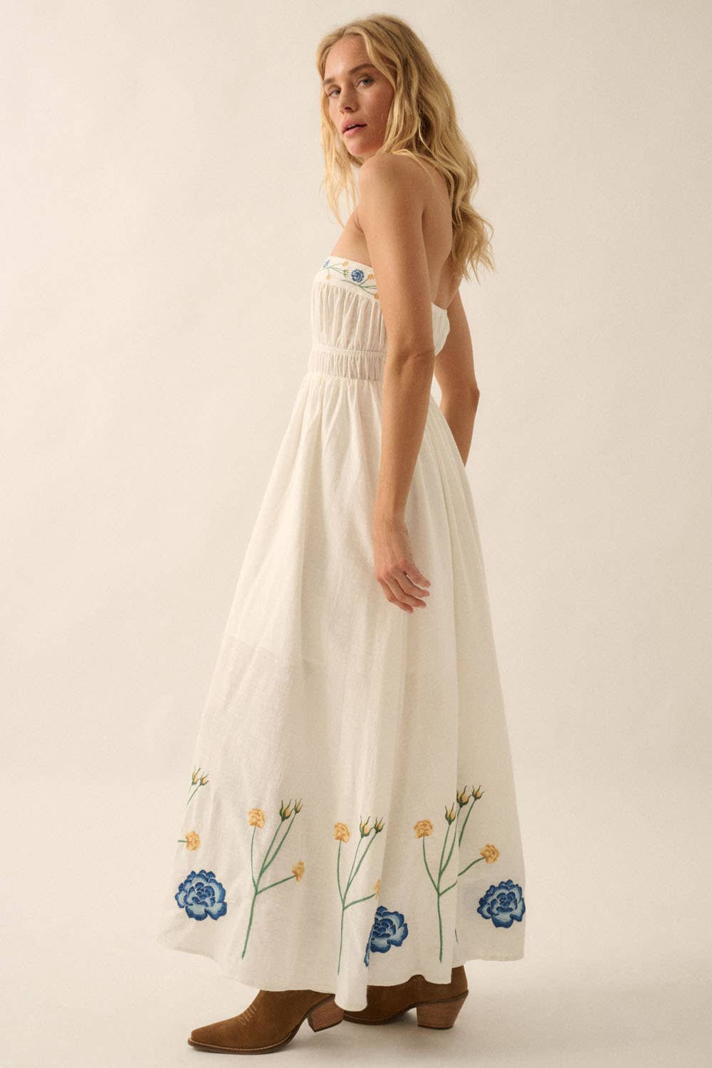 Cream Floral Embroidered Gathered Strapless Maxi Dress Side View