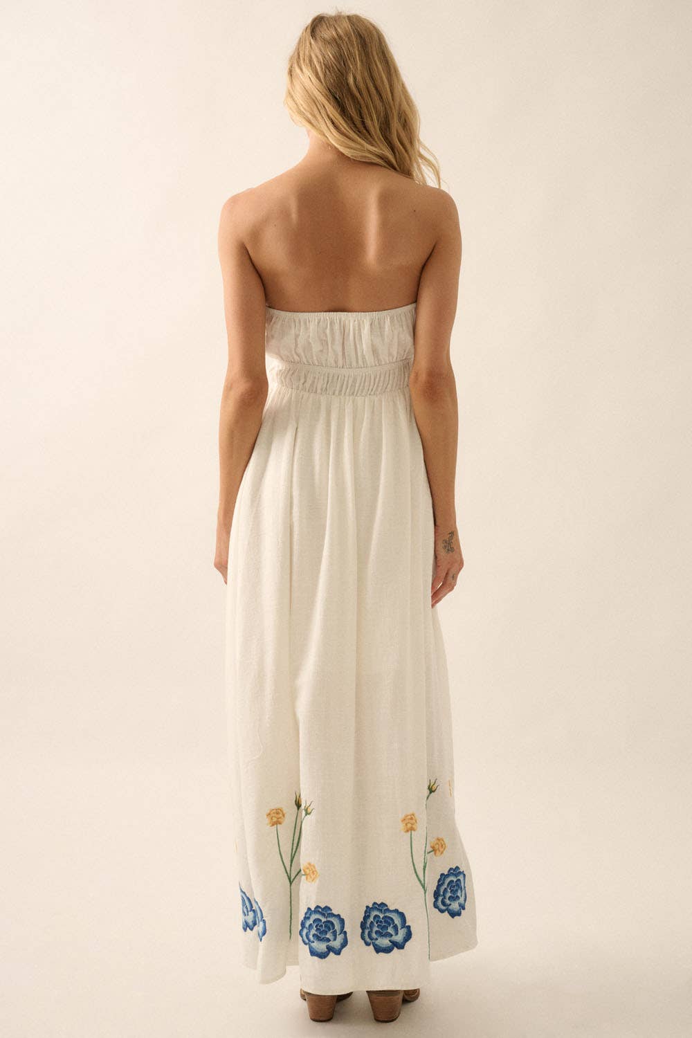 Cream Floral Embroidered Gathered Strapless Maxi Dress Rear View