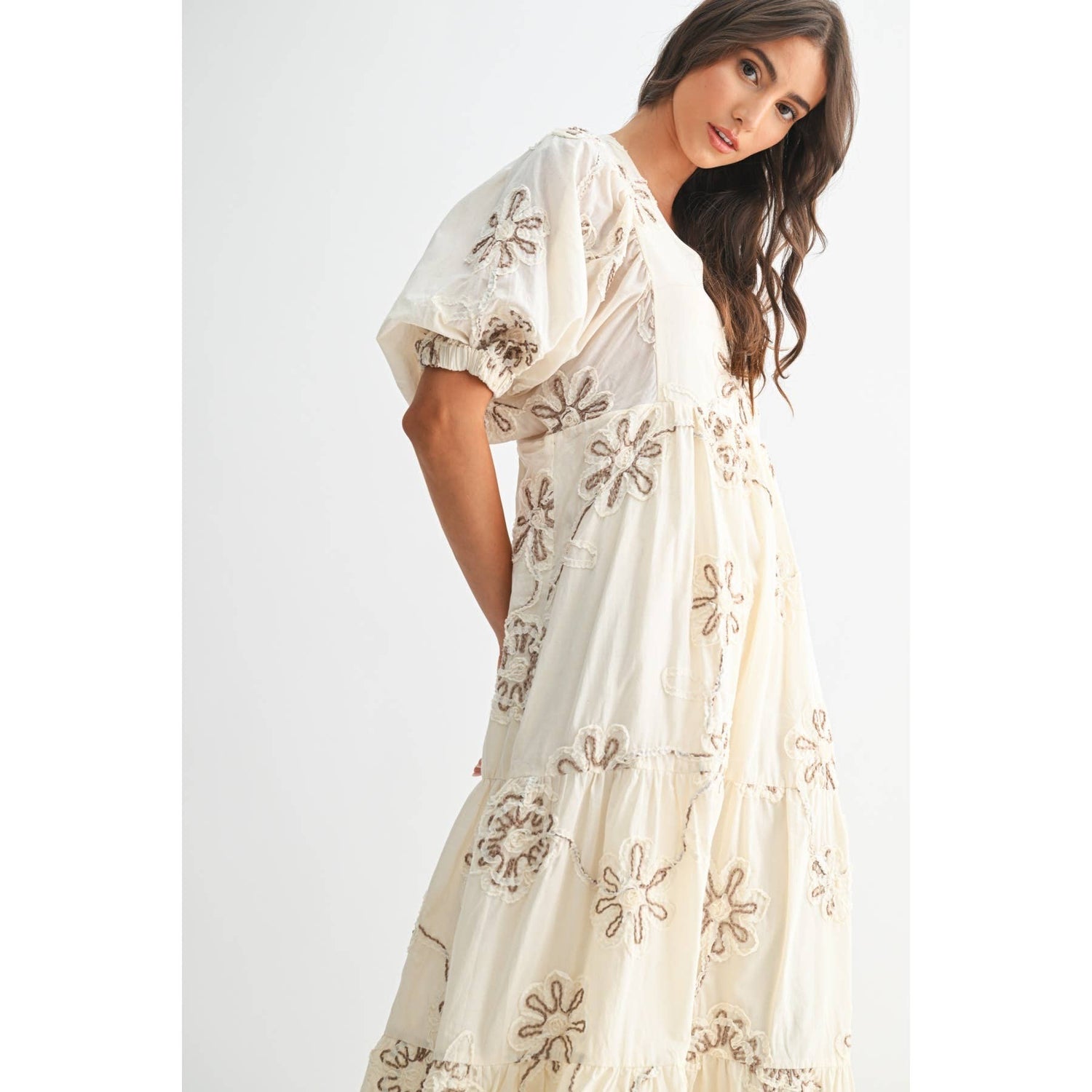 Cream/Mocha Floral Embroidered Maxi Dress