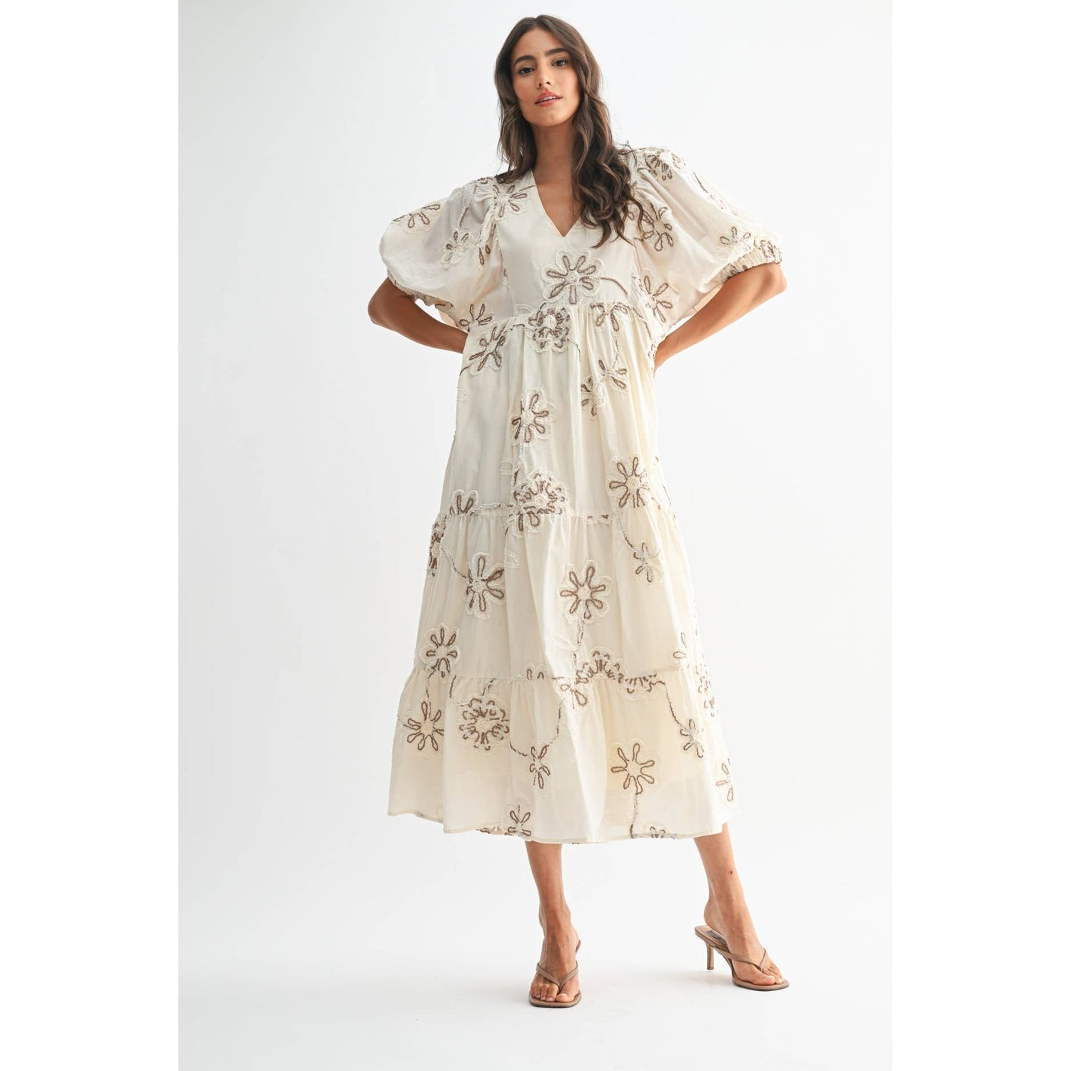 Cream/Mocha Floral Embroidered Maxi Dress Front View