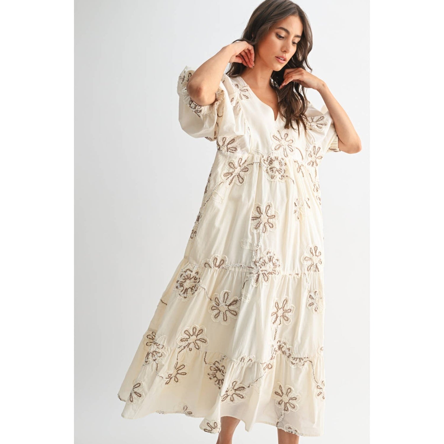 Cream/Mocha Floral Embroidered Maxi Dress showcasing embroidered pattern