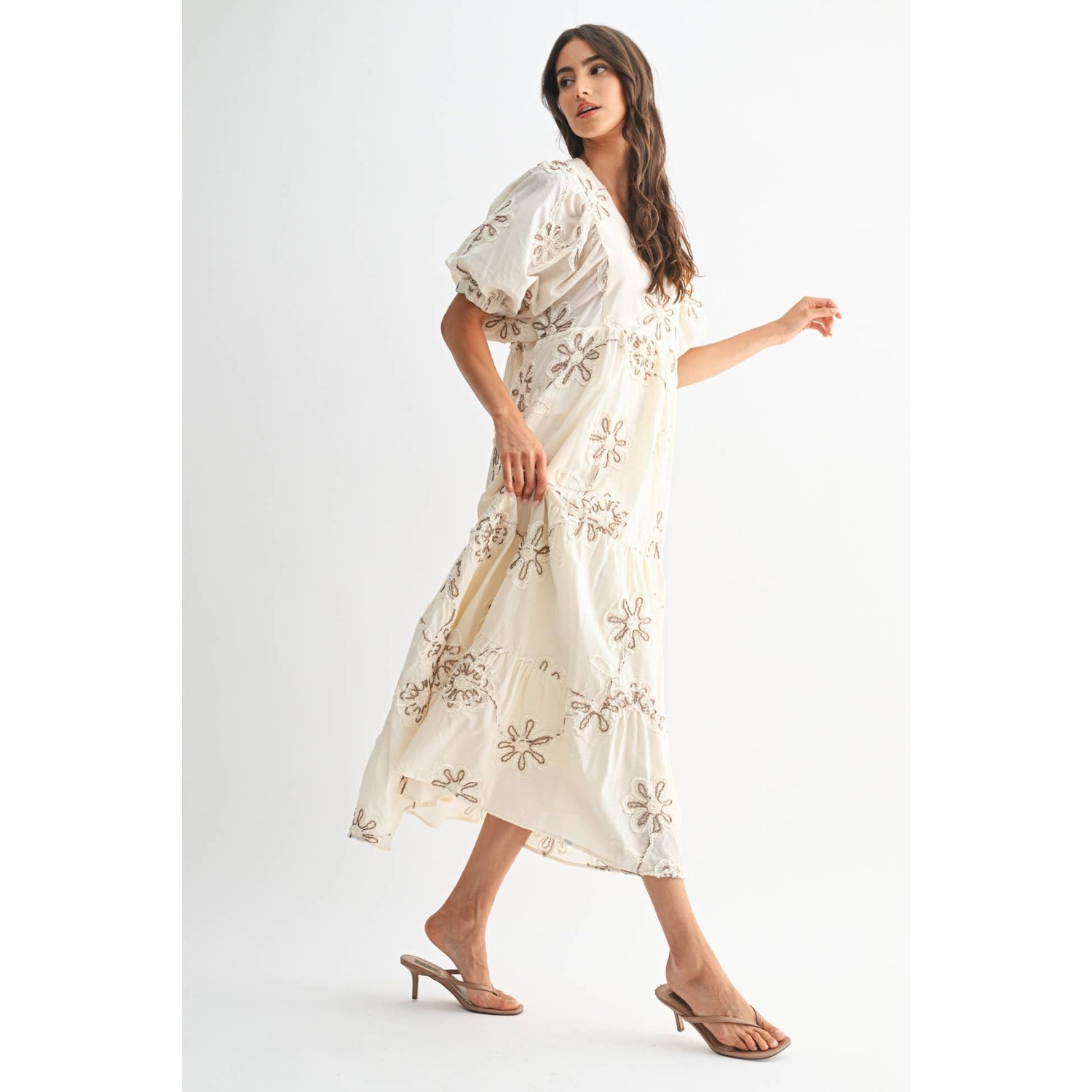 Cream/Mocha Floral Embroidered Maxi Dress Side View