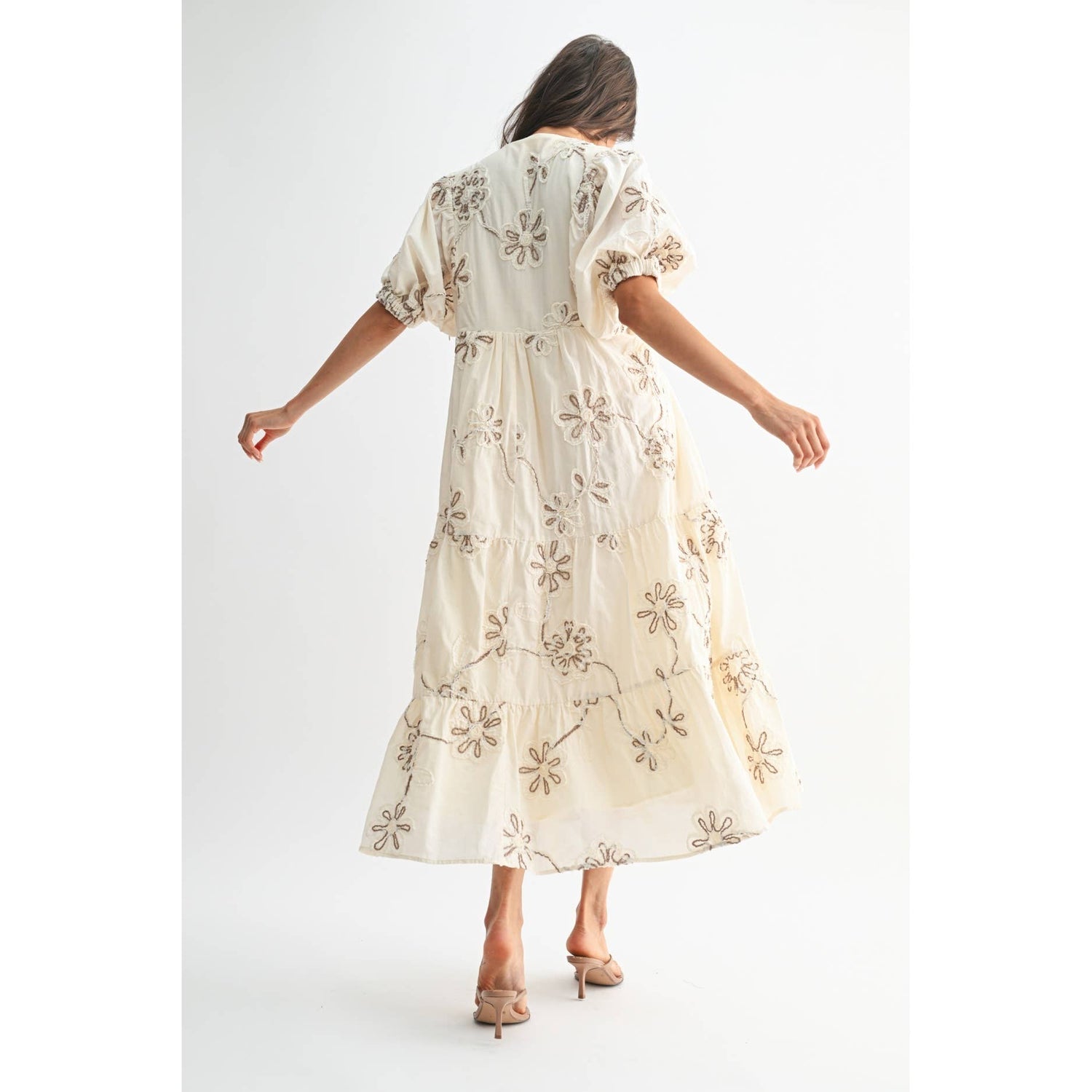 Cream/Mocha Floral Embroidered Maxi Dress Rear View