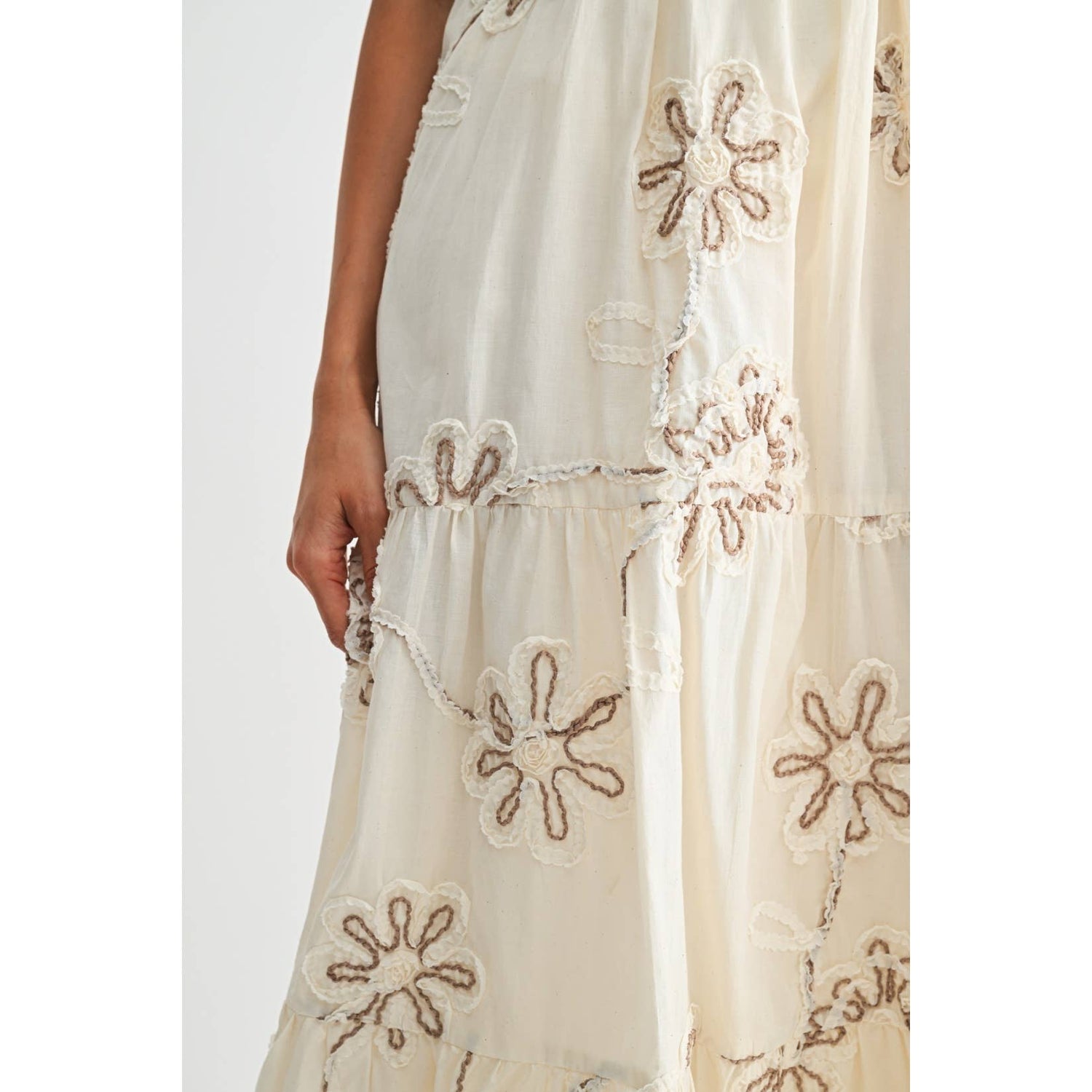 Cream/Mocha Floral Embroidered Maxi Dress close up view of floral embroidered pattern