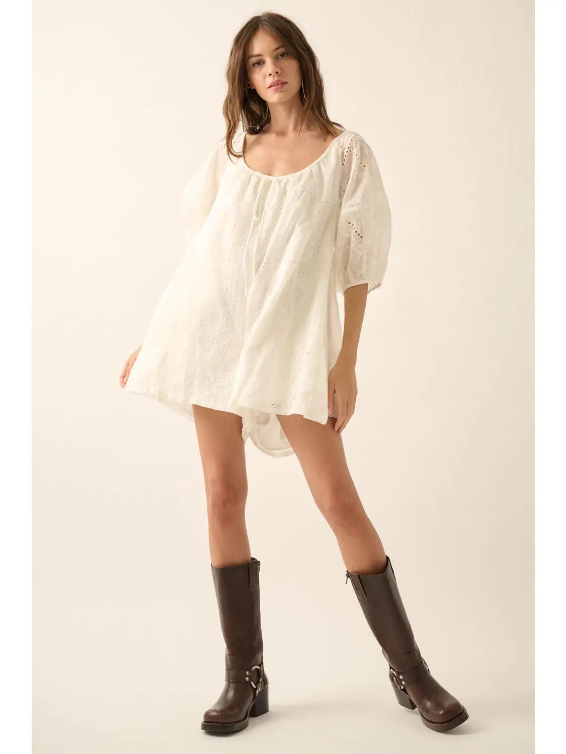 Cream So Pure Eyelet Lace Puff-Sleeve Romper