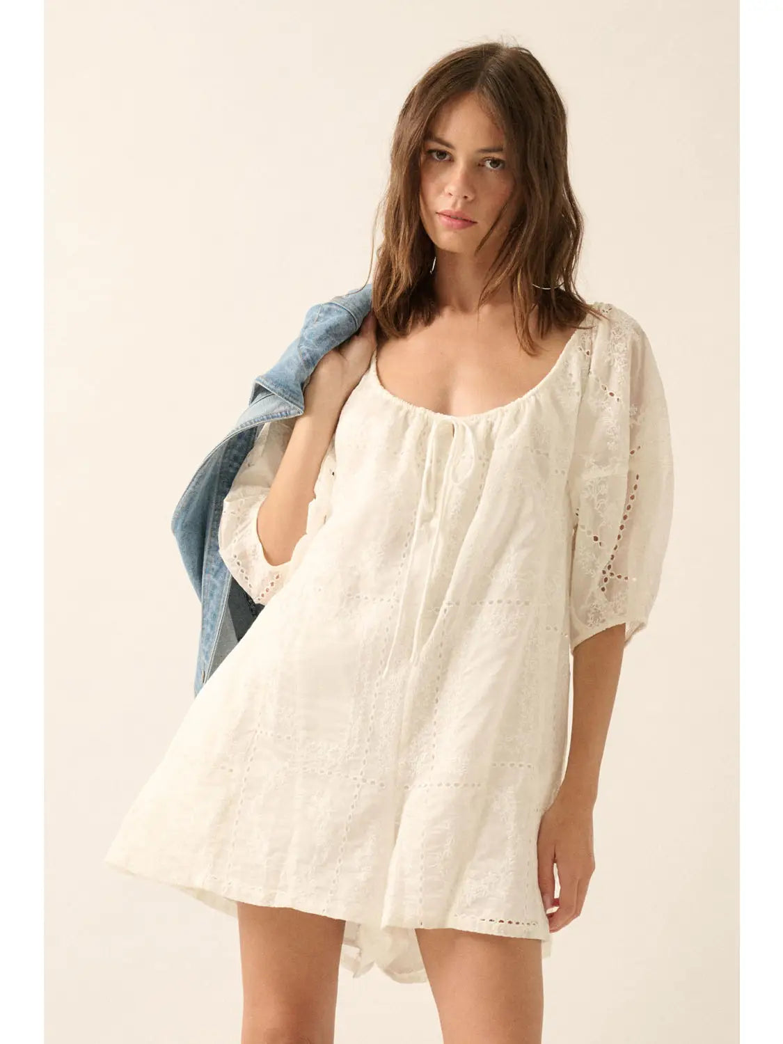 Cream So Pure Eyelet Lace Puff-Sleeve Romper Front View
