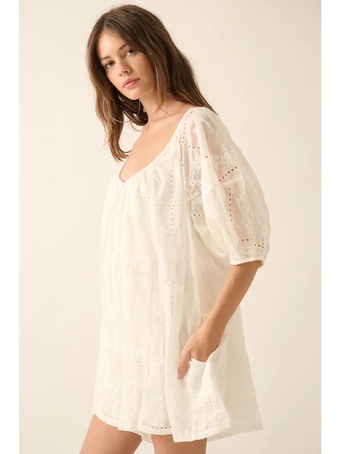 Cream So Pure Eyelet Lace Puff-Sleeve Romper Side View