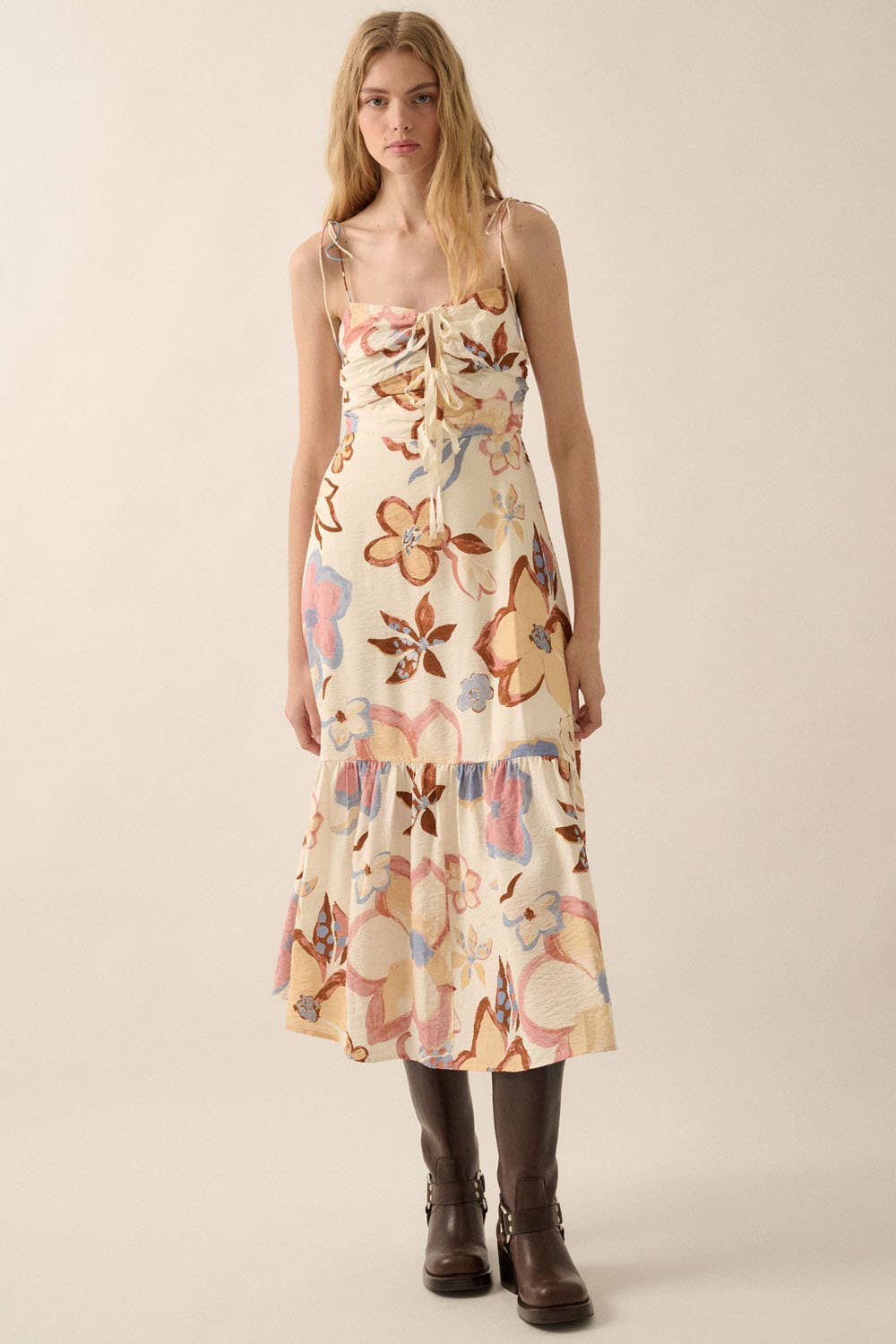 Cream Textured Floral Tie-Front Midi Dress Front View