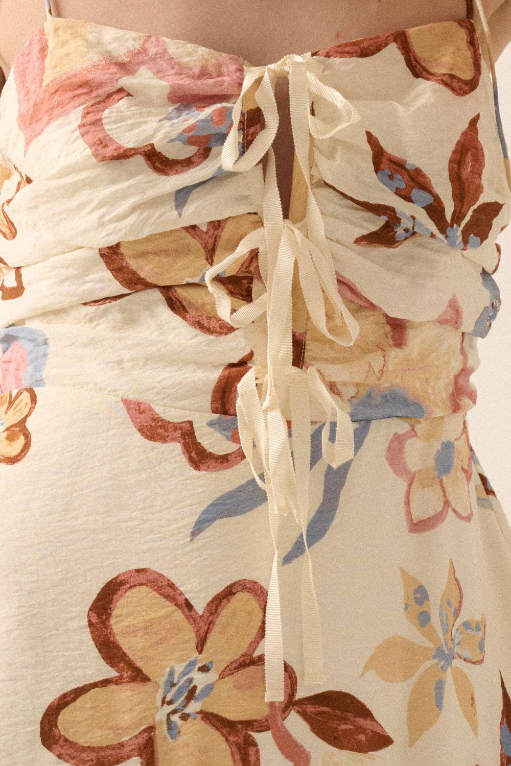 Cream Textured Floral Tie-Front Midi Dress close up view of tied bodice
