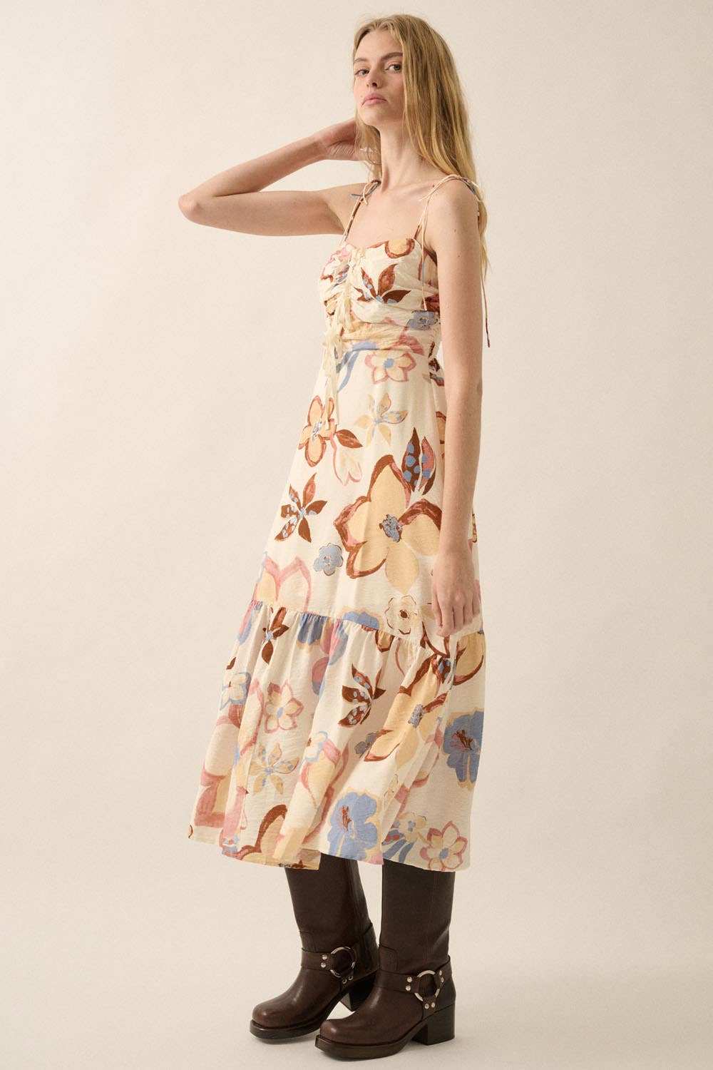 Cream Textured Floral Tie-Front Midi Dress Side View