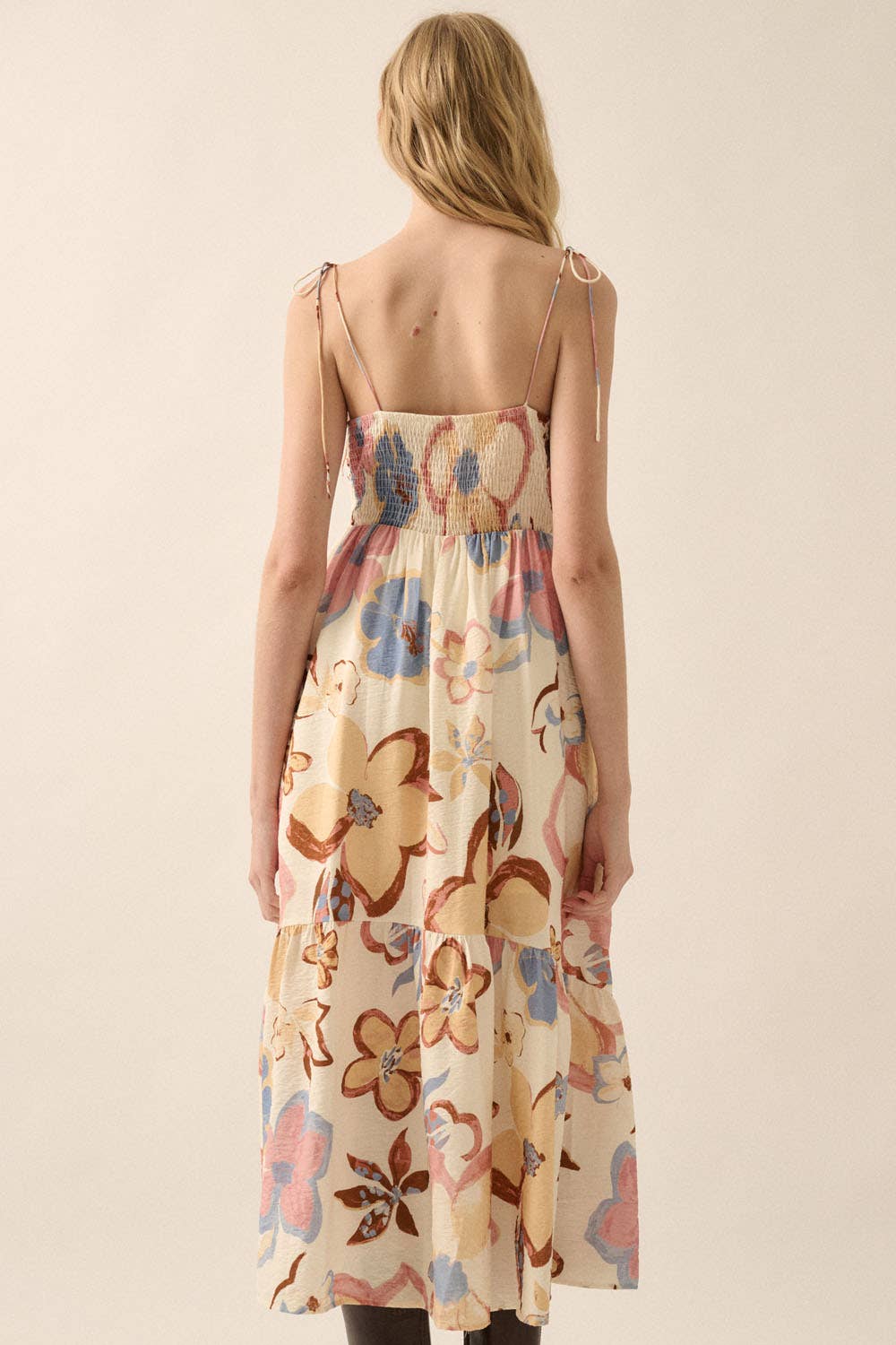 Cream Textured Floral Tie-Front Midi Dress Rear View
