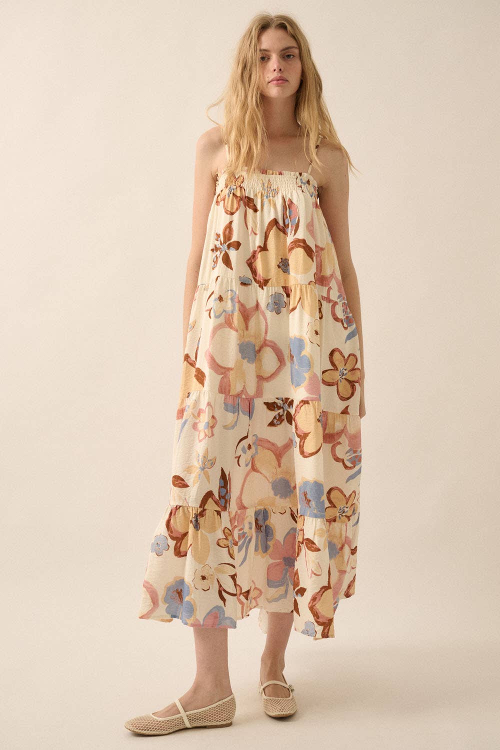 Cream Textured Floral Tiered Maxi Dress