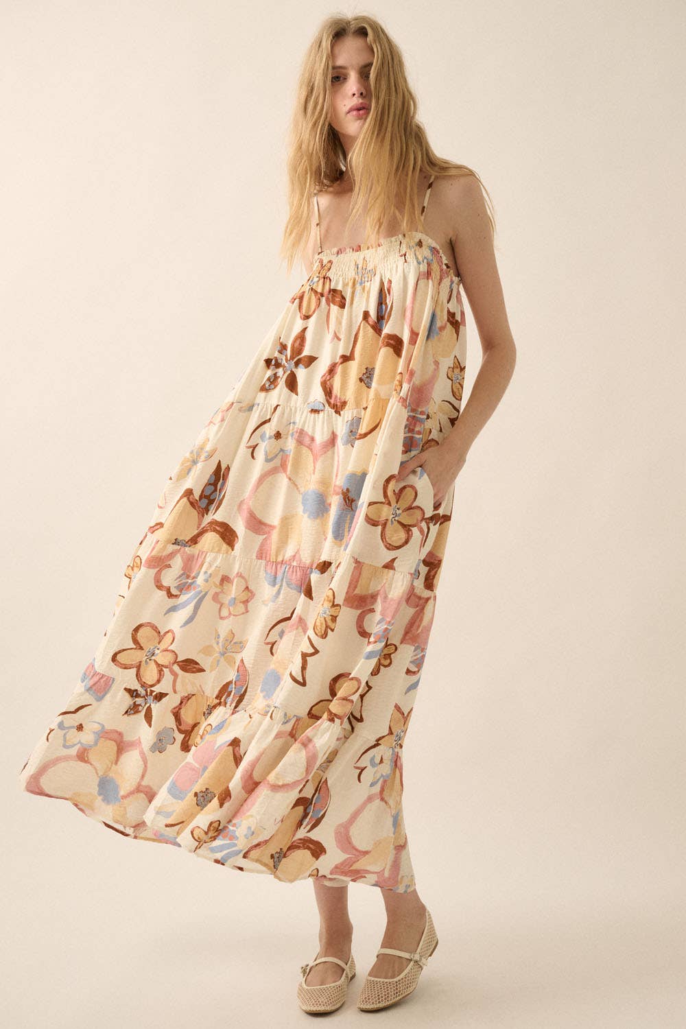 Cream Textured Floral Tiered Maxi Dress Front View