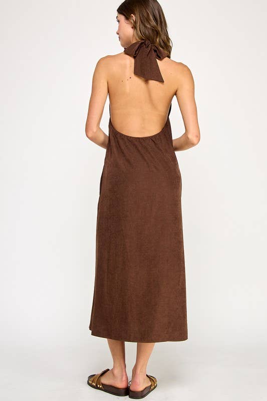 Dark Brown Knot Halter Midi Dress Rear View