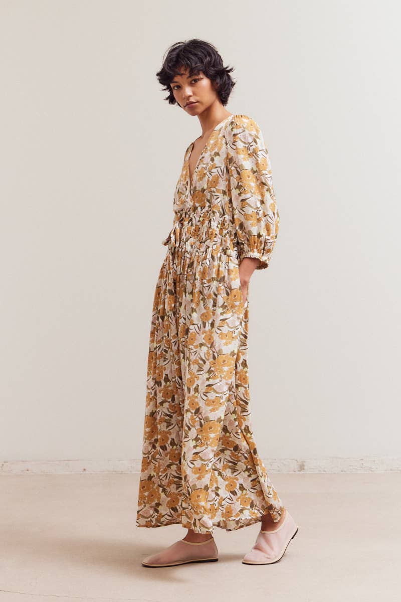 Daydream Pleat Waist Maxi Dress featuring floral pattern in earthy tones