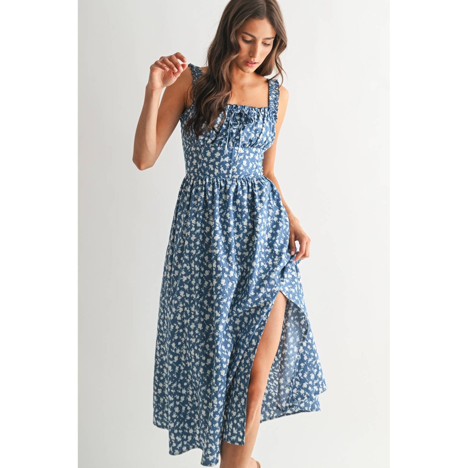 Denim Blue Ditsy Floral Lace Up Sundress showcasing front split