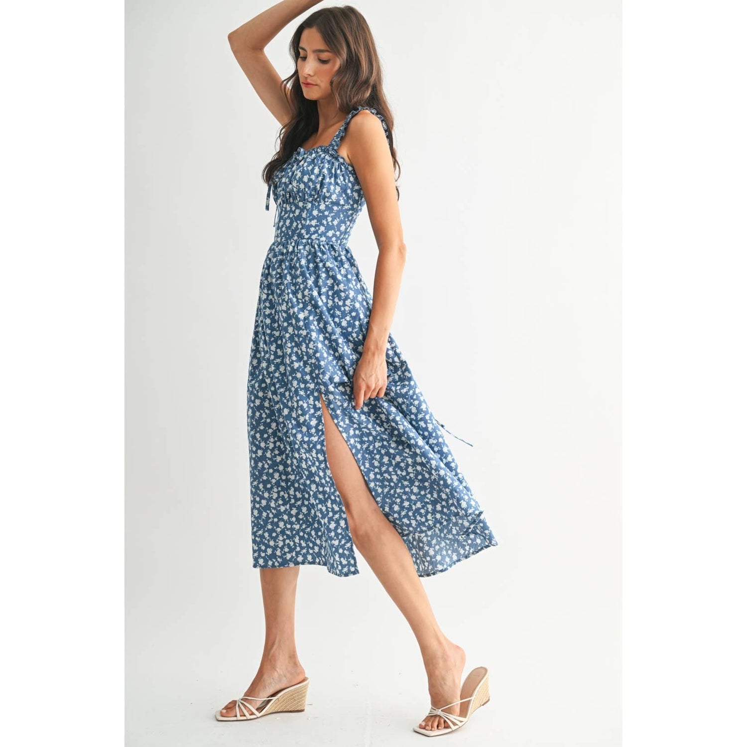 Denim Blue Ditsy Floral Lace Up Sundress Side View