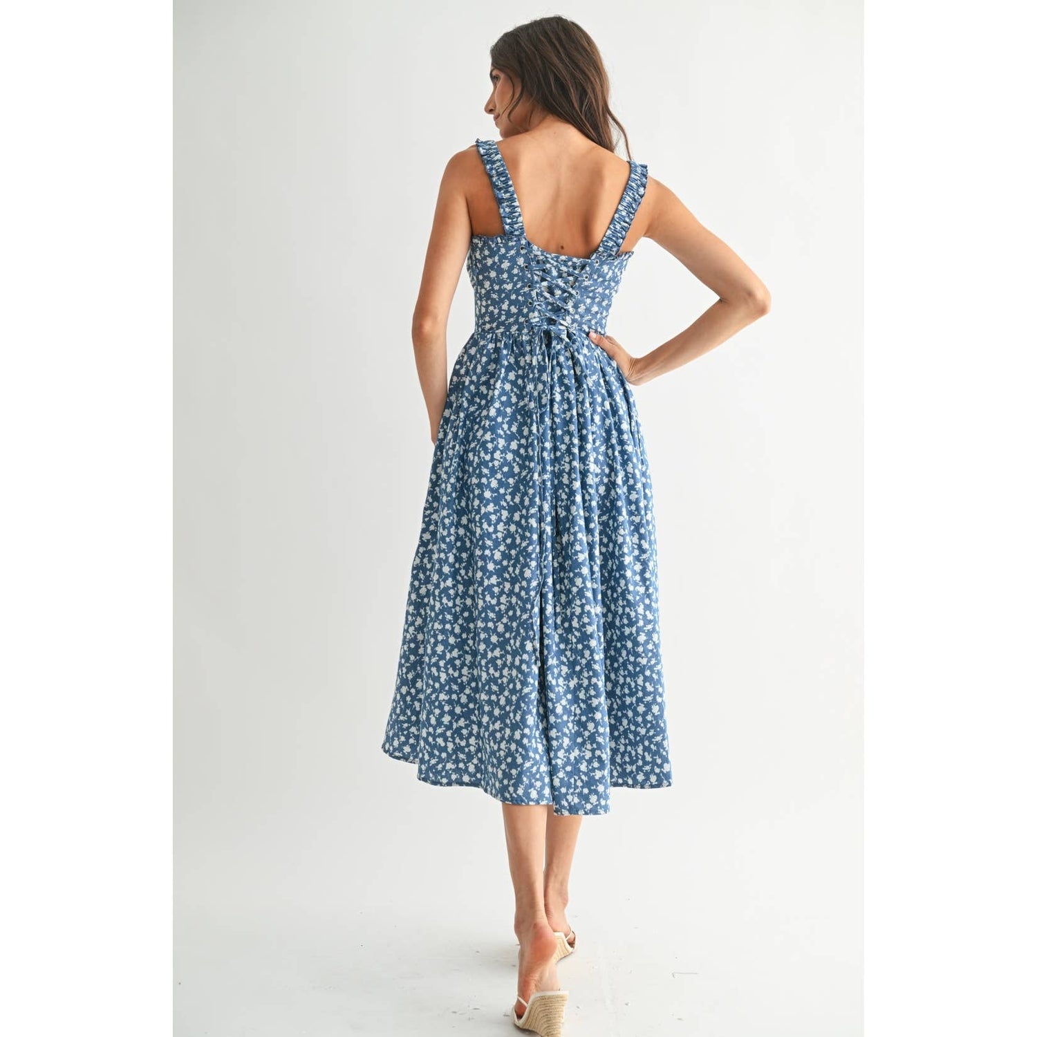 Denim Blue Ditsy Floral Lace Up Sundress Rear View