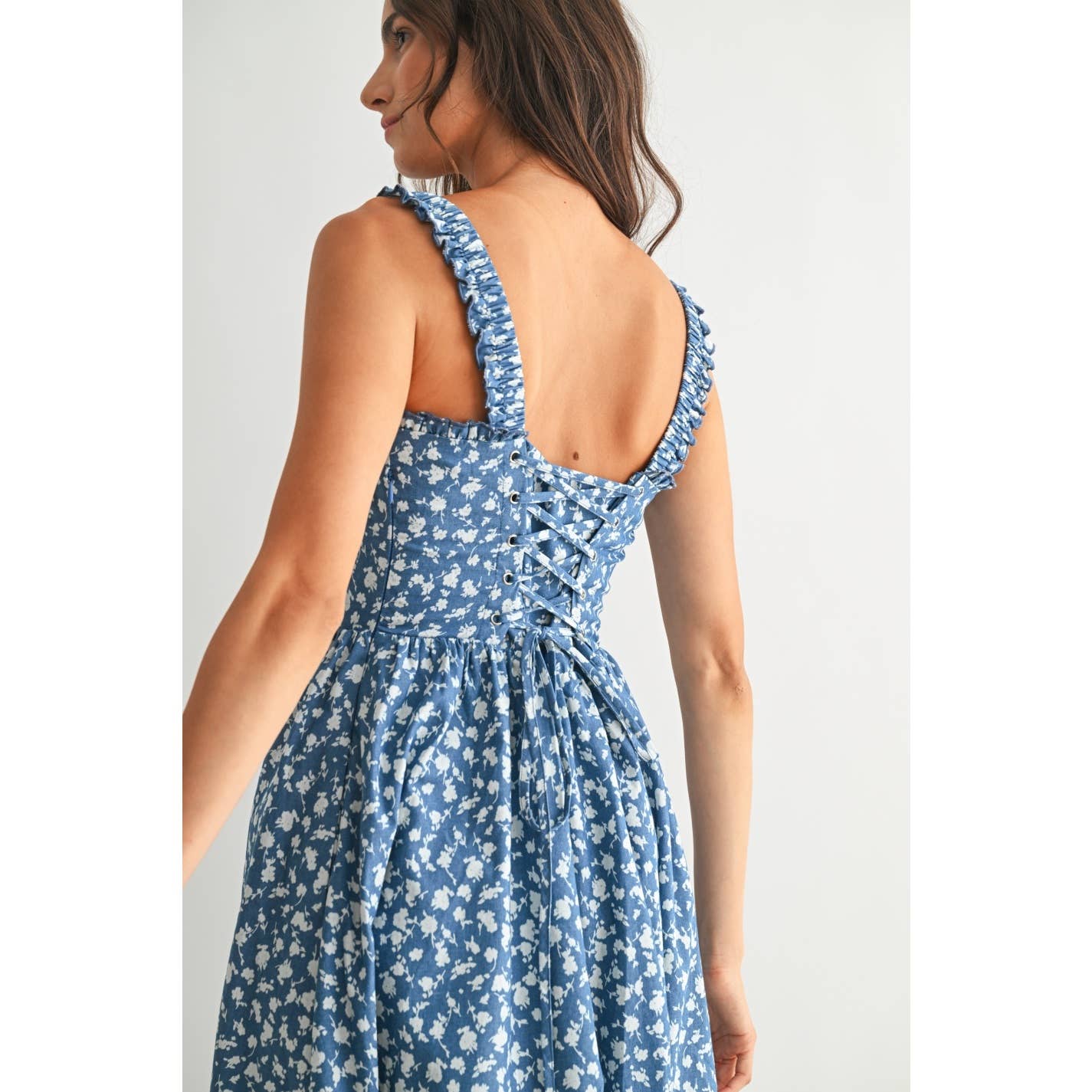 Denim Blue Ditsy Floral Lace Up Sundress featuring lace Up back