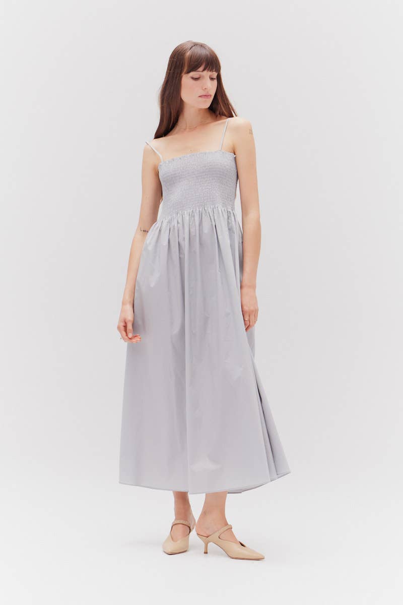 Dusty Blue Smocked Top Maxi Dress featuring spaghetti straps