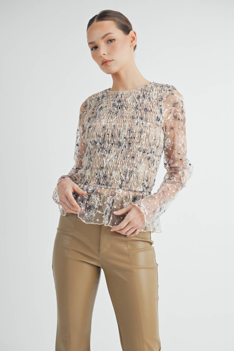 Front view of Elowen Peplum Top in cream embroidered mesh with smocked bodice