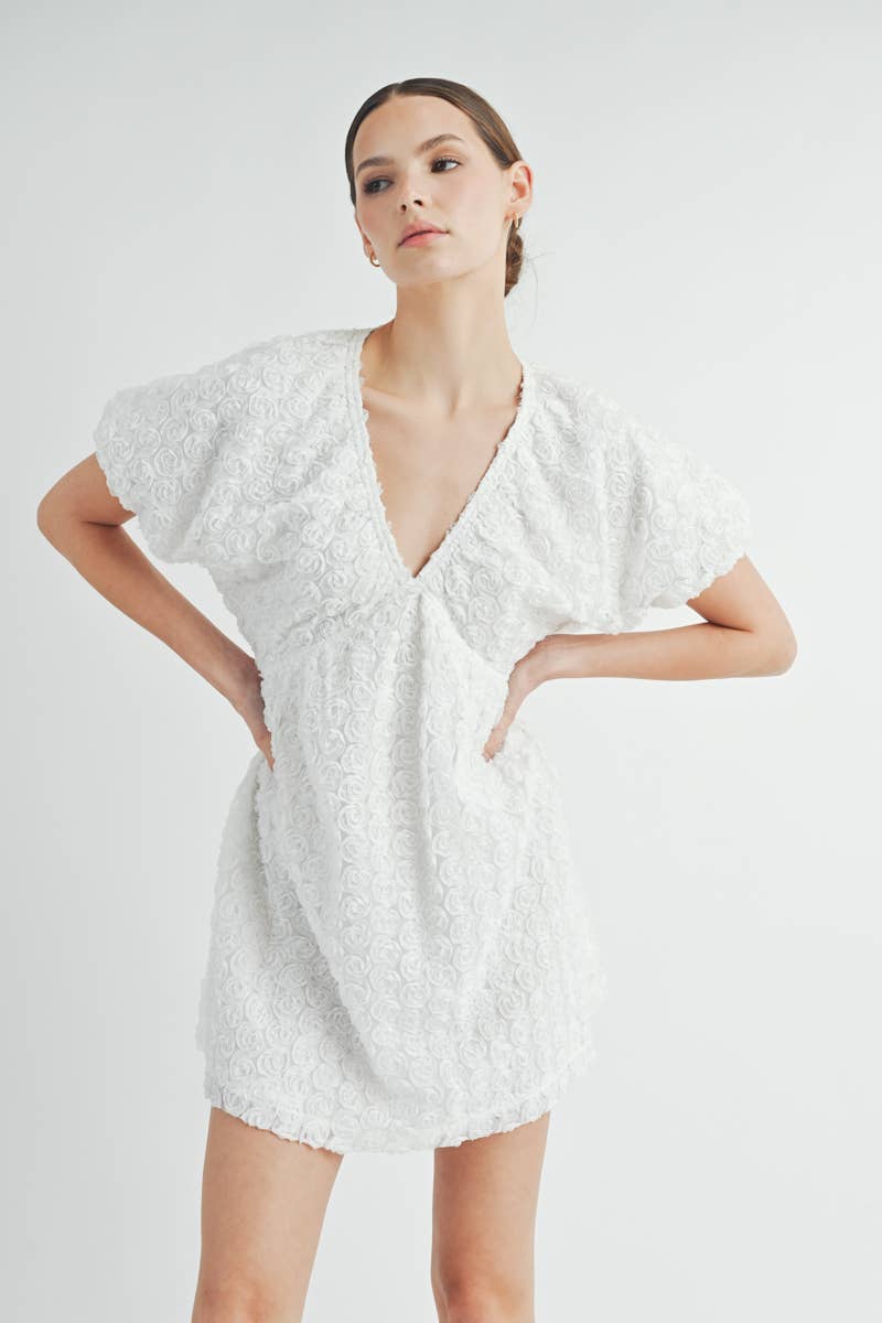 Floriane Mini Dress Detail shot of puff sleeve design and intricate floral texture