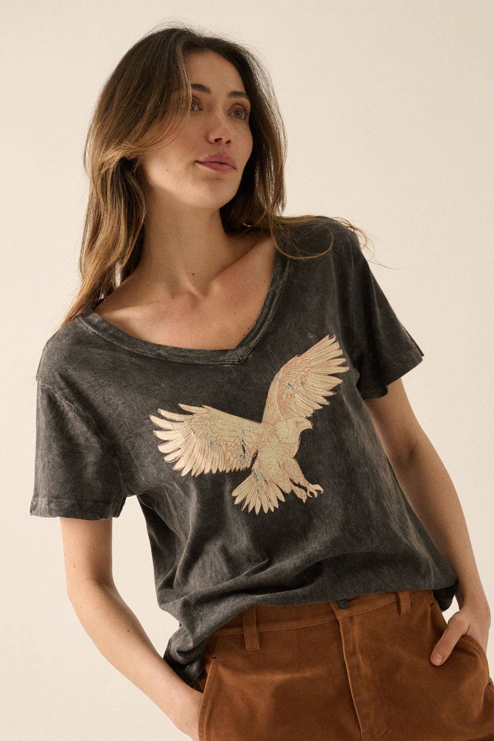Front detail view of Kaelen Graphic Tee highlighting drop shoulders, relaxed silhouette and statement graphic placement