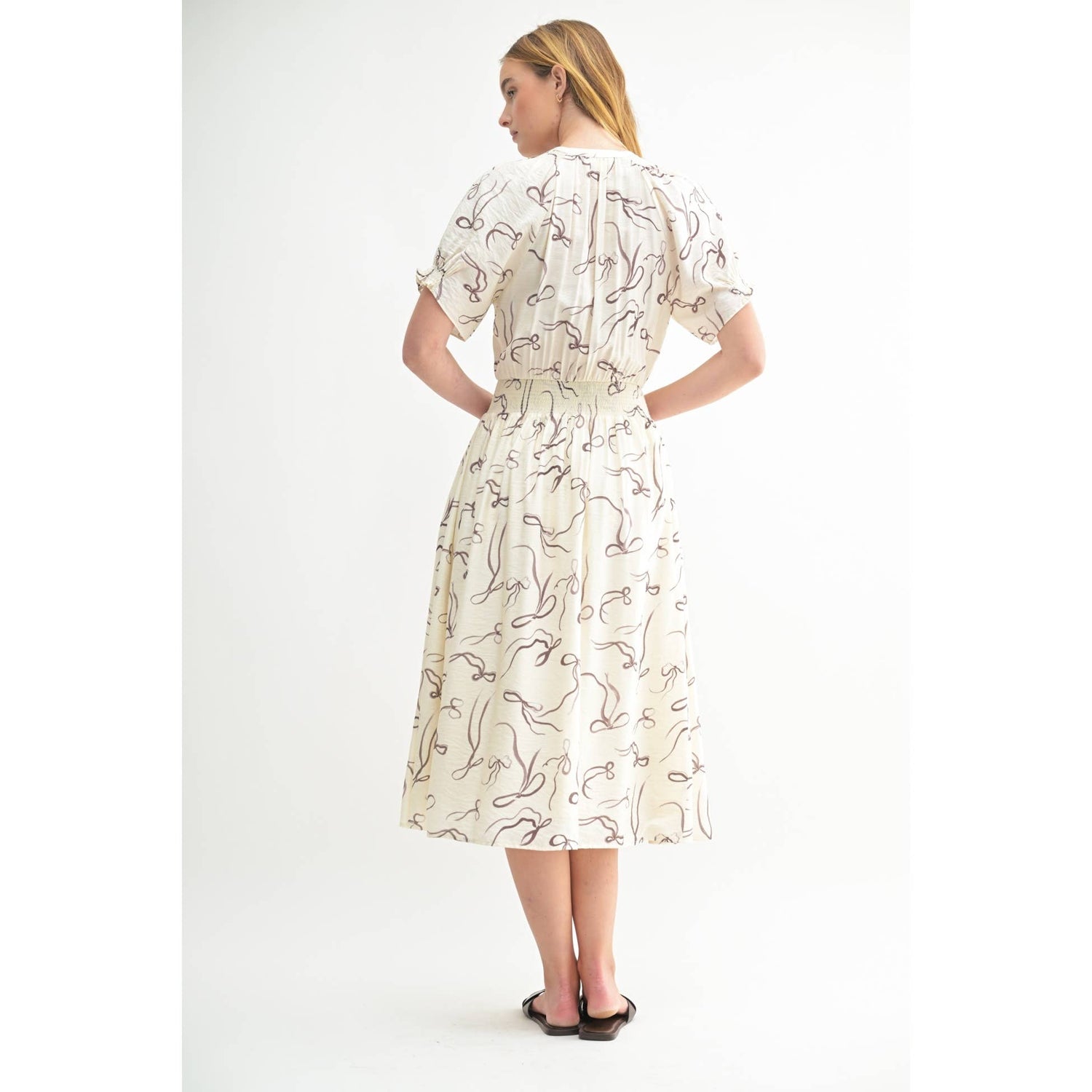 Ivory Bow Print Button Front Midi Dress Rear View