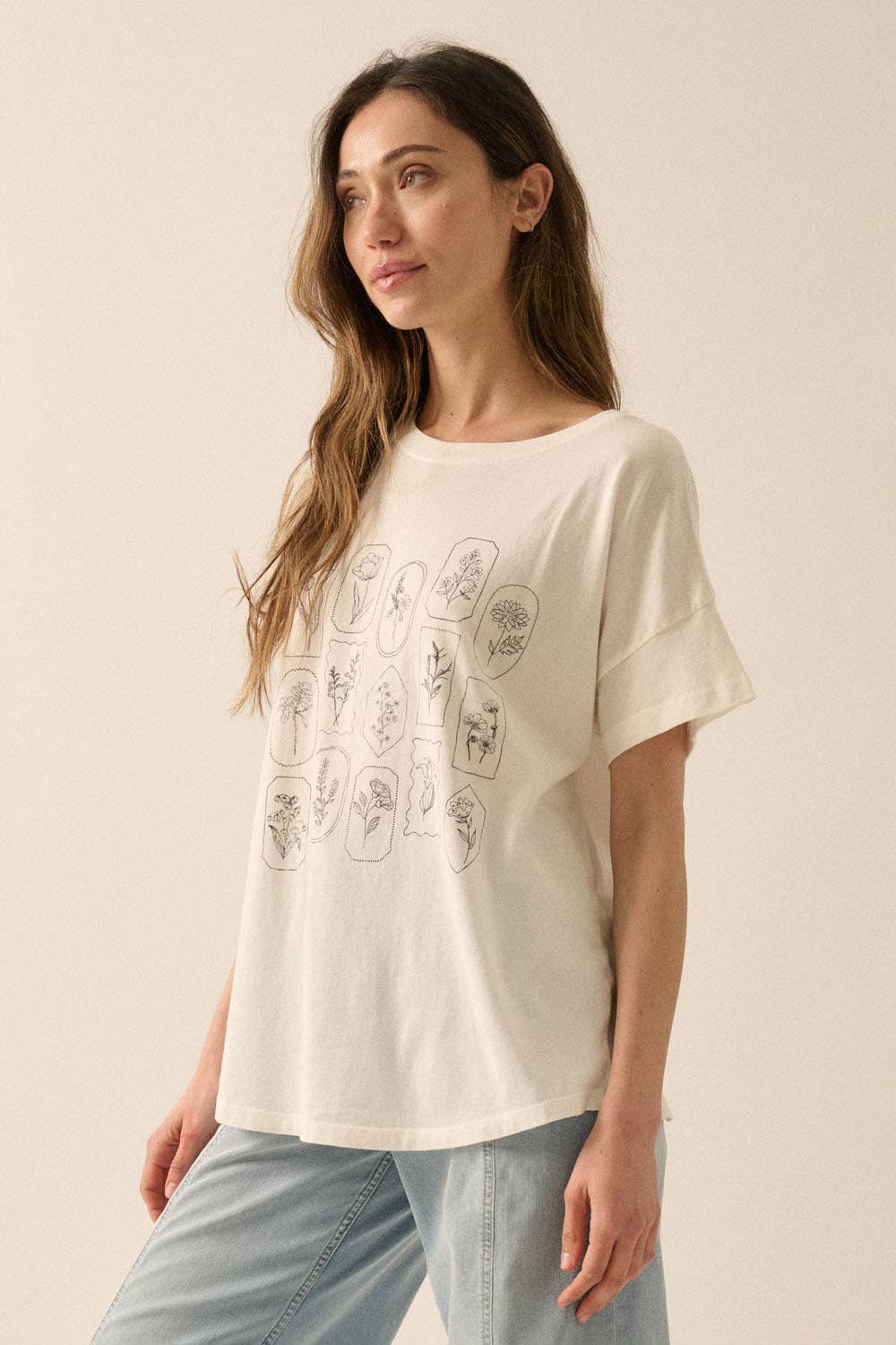 Ivory Floral Motif Garment Washed Graphic Tee Side View