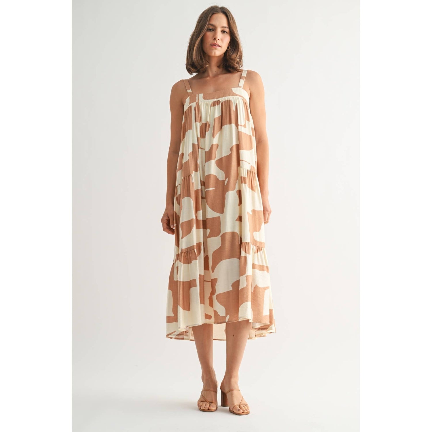 Ivory/Taupe Abstract Print Shirring Tiered Flowy Midi Dress