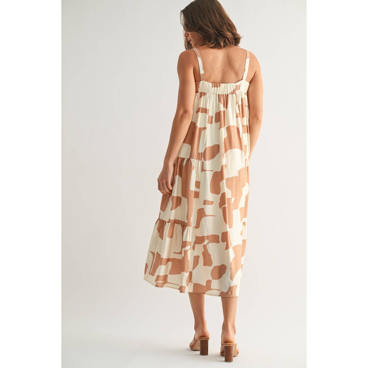 Ivory/Taupe Abstract Print Shirring Tiered Flowy Midi Dress Rear View