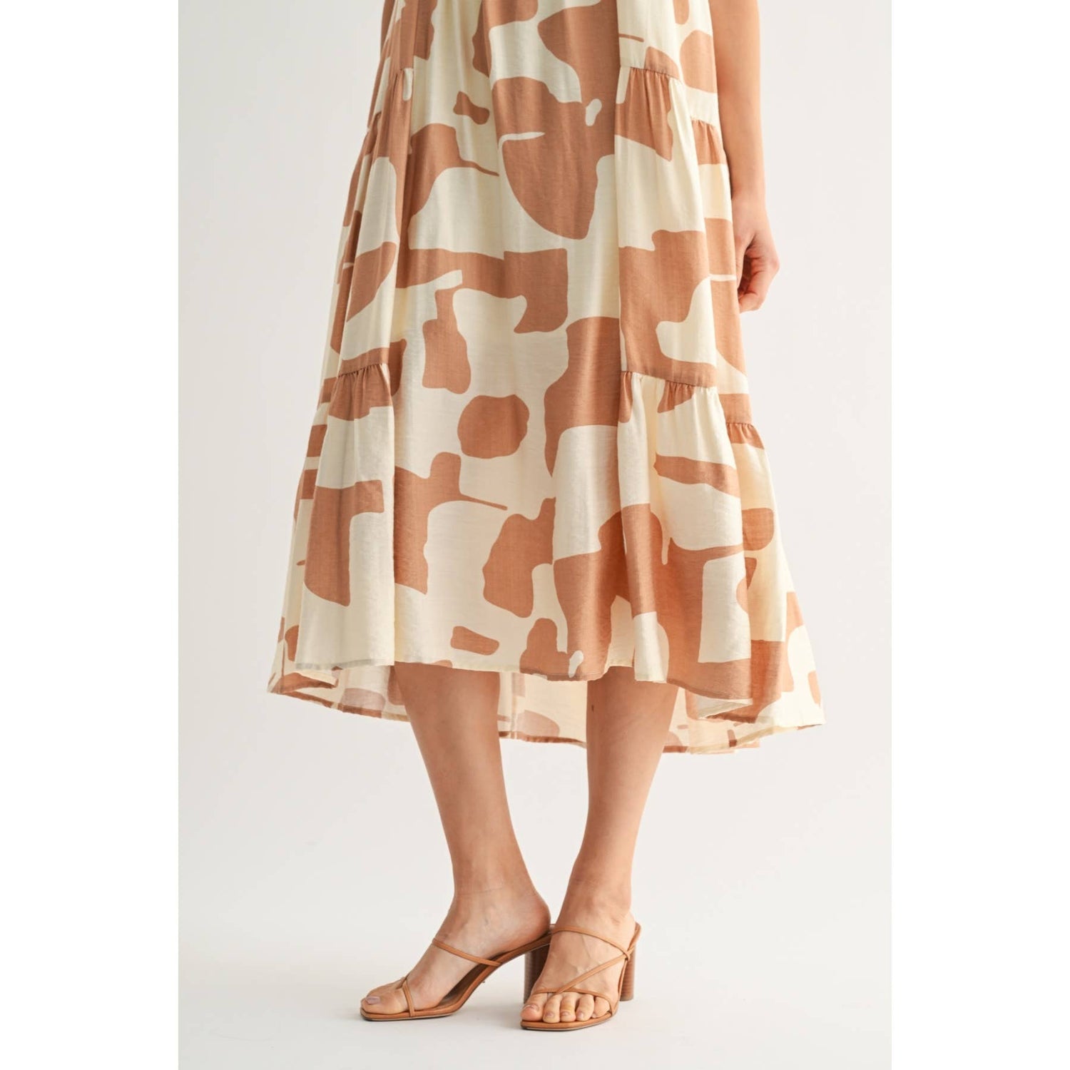 Ivory/Taupe Abstract Print Shirring Tiered Flowy Midi Dress View of Skirt