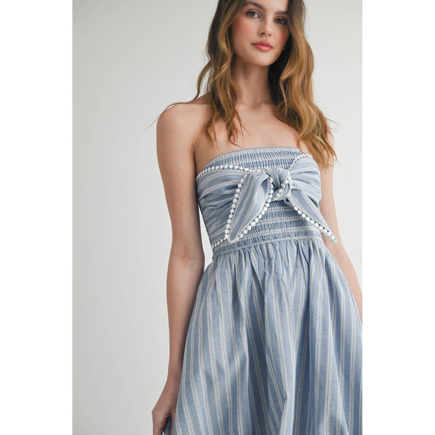 Light Blue/White Elegant Off-Shoulder Striped Maxi Dress