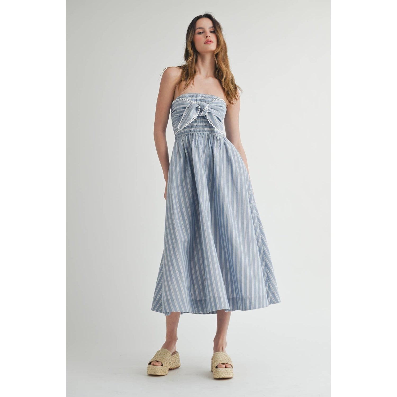 Light Blue/White Elegant Off-Shoulder Striped Maxi Dress featuring statement bow on chest