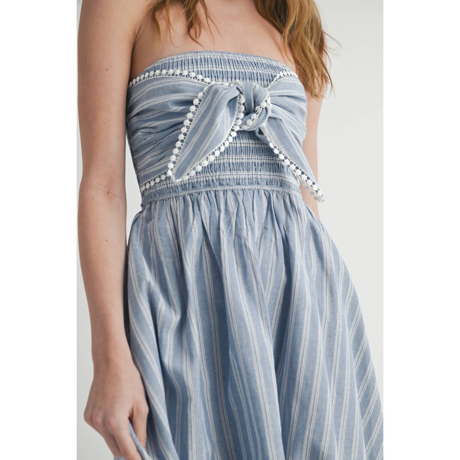 Light Blue/White Elegant Off-Shoulder Striped Maxi Dress showcasing fitted bodice with statement bow